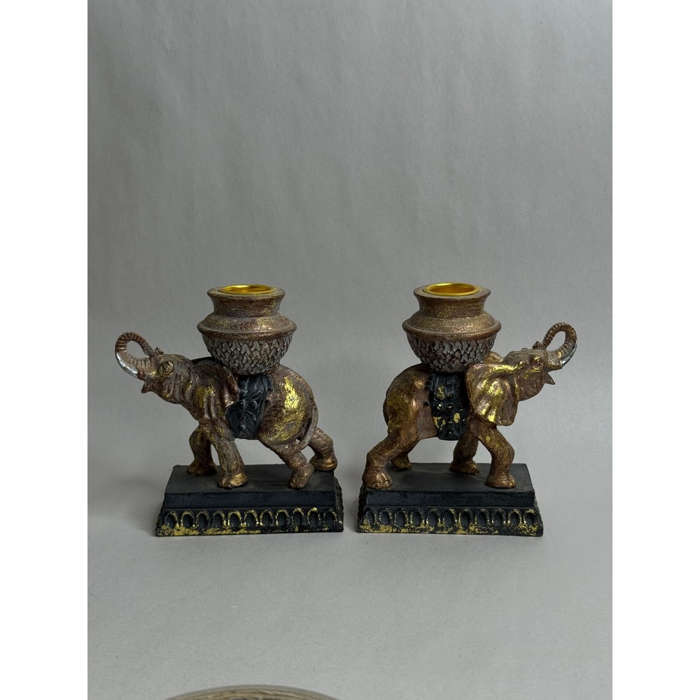Vintage Elephant Candlestick Holders Pair Ornate Gold‎ Black Resin